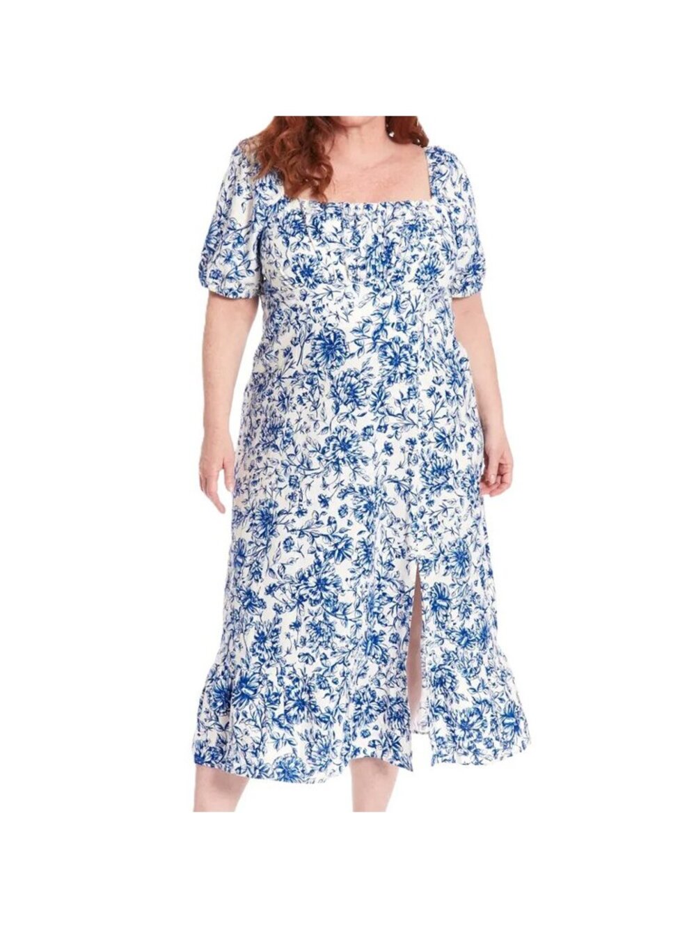 London Times Plus Size Printed Puff Sleeve Blue Floral Front Slit Size 22W NWT